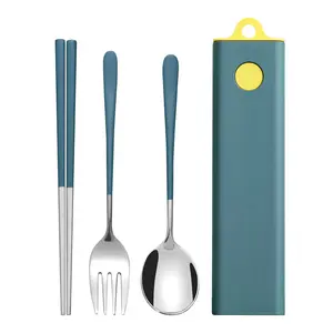 Customized Logo Gift Dinner Tableware Camping Spoon Fork Chopstick Set Stainless Steel 304 Portable Travel Cutlery Set With Case