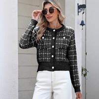 Cardigan en tricot jacquard à carreaux pour femme, élégant, avec boutons perlés, veste courte de luxe pour l'hiver