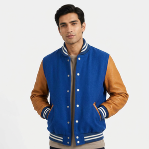 Latest Design Leather Jacket Chenille Embroidery Wool Varsity Bomber Cartoon Front Patchwork Unisex Stand Collar - Product Image 1