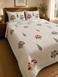 100% Hand Block Printed Cotton Quilt <b>Set</b> Floral Quilted Bedcover with Pillow Covers Lightweight King Boho <b>Comforter</b> - Product Image 2