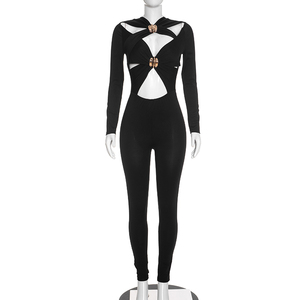 Viviblook D26JP357 Combinaison moulante sexy à manches longues et découpes pour femme, couleur unie, tenue de club - Product Image 2