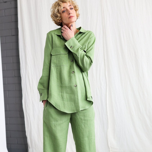 Completo da donna elegante in due pezzi Top da donna e pantalone elasticizzato in vita vestito verde signora - Product Image 1