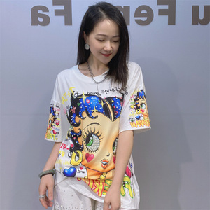 T-shirt Casual da <span class=keywords><strong>Donna</strong></span> a Girocollo a Maniche Corte in <span class=keywords><strong>Cotone</strong></span> Poliestere con Stampa Anime Cartoon e Perline, Vestibilità Ampia, per Commercio Estero Transfrontaliero - Product Image 1