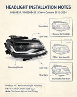 Ensemble de phares de remplacement HID Xenon pour Chevrolet Camaro 2016-2024 84364824 GM2503423 Amélioration