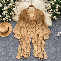 Chemise d'été pour femmes à col en V, manches longues, à volants, ample, fluide, boutonnée, pour le bureau