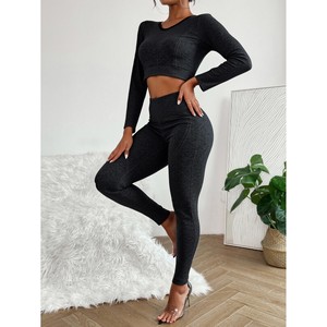 Tuta sportiva Casual a vita alta da donna tinta unita pantaloni a maniche lunghe caldi per l'autunno e l'inverno - Product Image 1