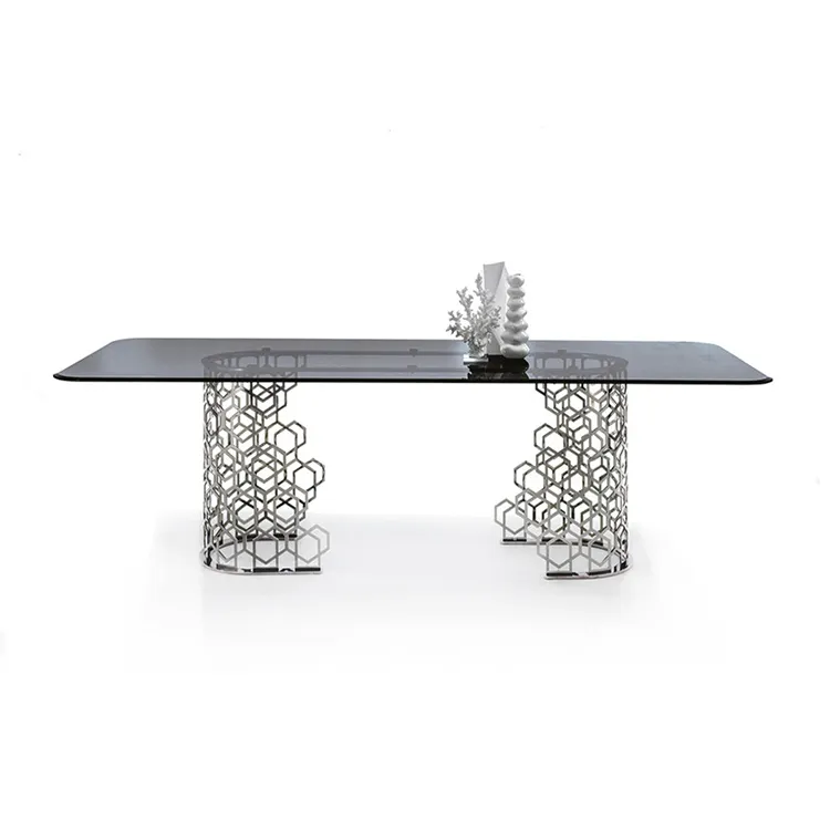 Mobiliário da sala de jantar, design moderno, aço inoxidável, prata, vidro, retangular, mesa de jantar