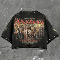 Camiseta Personalizada con Efecto Desgastado, Camiseta Vintage Lavada al Ácido, Camiseta de Algodón con Estampado Gráfico, Camiseta con Pedrería, Corte Holgado para Hombre