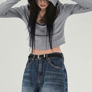 T-shirt décontracté à capuche en maille unie, simple et polyvalent, sexy, à épaules dénudées et manches longues - Product Image 3