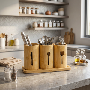 Bamboo Cutlery Organizer Set with Base - Product Image 1