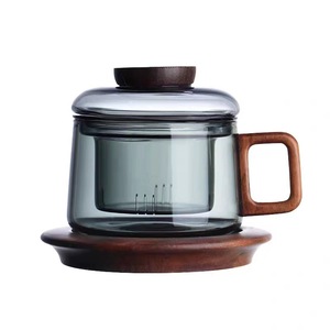 Smoky Gray Glass Teacup With Wooden Handle And Filter For Tea Drinking - Product Image 5
