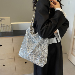 1L Capacity Girls Fashion <b>Silver</b> Shiny Bucket Style Sequin Tote <b>Bag</b> Handbag Luxury Shoulder <b>Bag</b> Two Durable Portable Waterproof - Product Image 2