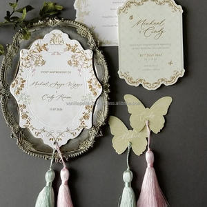 Carte de menu de mariage personnalisée avec ruban, élégante carte de vœux en papier coton estampée à chaud avec étiquette nominative - Product Image 5