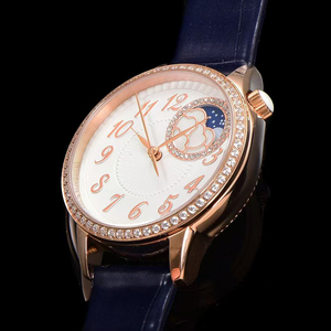 Montre de luxe automatique mécanique avec cadran blanc, phase de lune, lunette en or rose sertie de diamants, bracelet en cuir bleu, design icônique d'œuvre maîtresse - Product Image 3