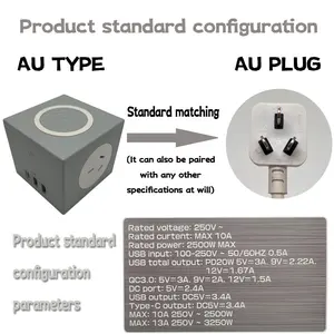 사용자 정의 로고 10W 무선 충전 및 PD20W Type-C 및 USB-A 호주 확장 전원 소켓이있는 호주 루빅스 큐브 모양