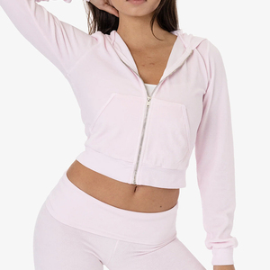 Autumn Warm Women's <strong>Velour</strong> Fleece Hooded Crop Top Zip Up Jacket Casual Outerwear - Product Image 6