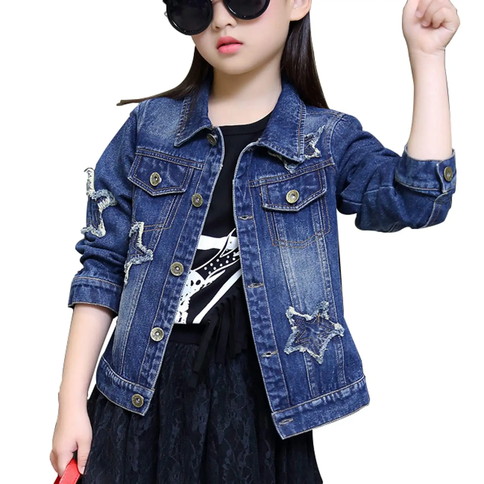 سترة جينز خريفي للأطفال، ملابس أطفال، معطف جينز نقش نجوم، أزياء الفتيات، معطف جينز أطفال
