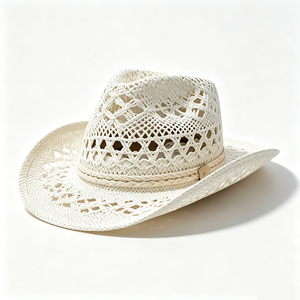 Wholesale Hollow Cowboy Straw <b>Floppy</b> <b>Hat</b> Unisex Wide Brim Breathable Open Weave Beach Sun Custom Logo Summer Travel - Product Image 2