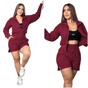 Ensemble décontracté 3 pièces pour femme : crop top, short et haut à manches longues en toile, couleur unie, longueur au-dessus du genou - Product Image 5