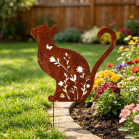 Piquets de jardin vintage en métal rouillé en forme de chat avec découpes florales, sculpture en métal rouillé pour la décoration de jardin et de patio
