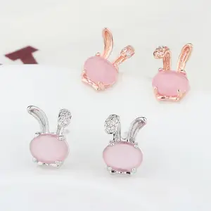 korea small rose quartz stone bunny rabbit stud earrings cute jewelry women