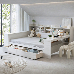 Lit double moderne en bois massif écologique, taille Queen, avec étagères de rangement, deux tiroirs et bureau d'étude pour chambre à coucher - Product Image 3