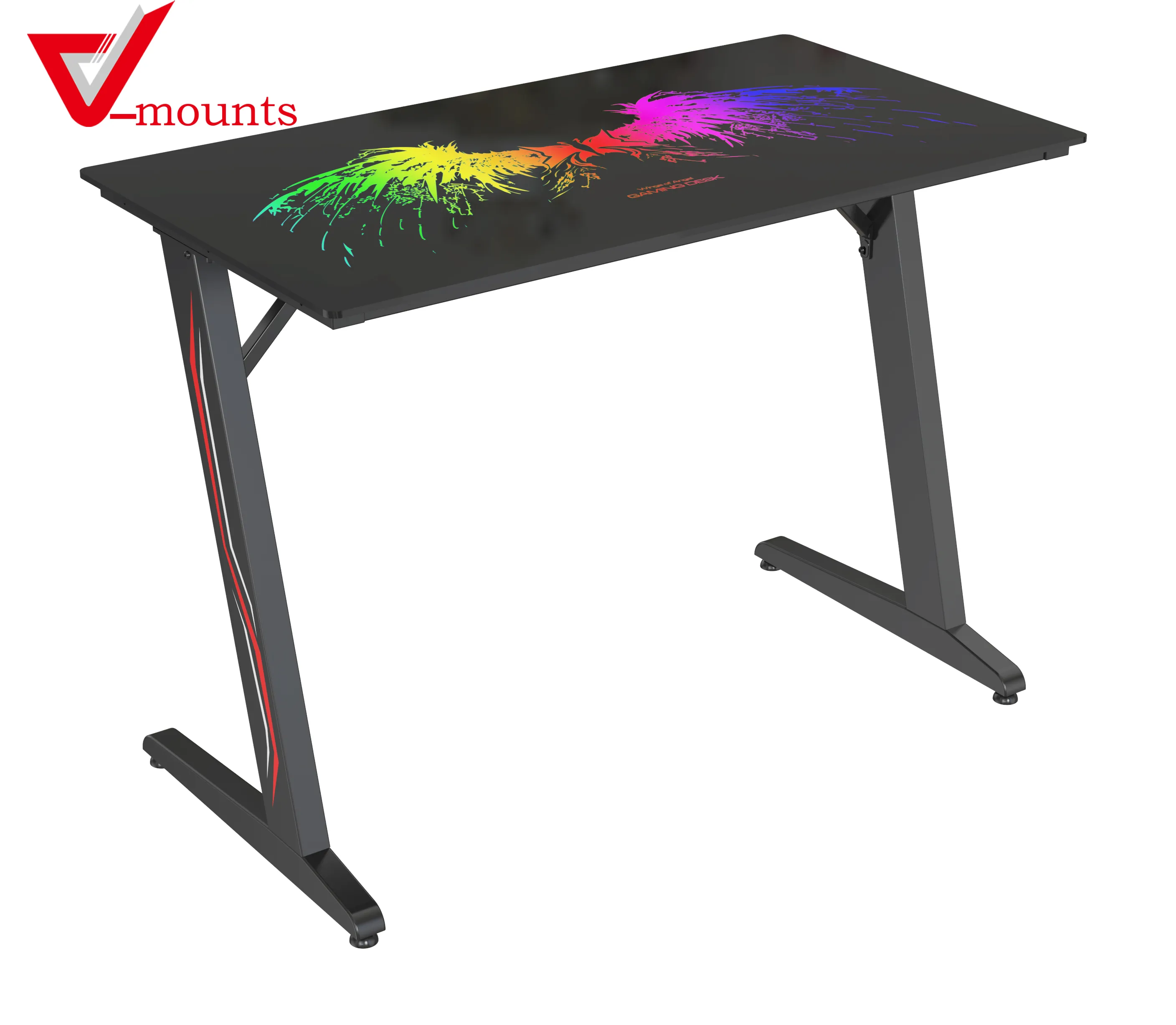 V-mounts Modern furniture Z-shaped table legs picture black gaming desk with colorful marquee desktop