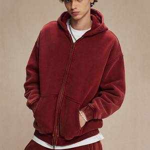 Logo d'impression personnalisé OEM En stock 360 Gsm Coton Polaire Couleur Unie Teint Surdimensionné Goutte D'épaule Double Fermeture Éclair À Capuche Hommes - Product Image 4