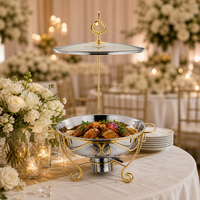 Plat de service en verre avec couvercle, cadre doré suspendu, brûleur à alcool, chauffe-plats pour buffet, restauration, vente en gros