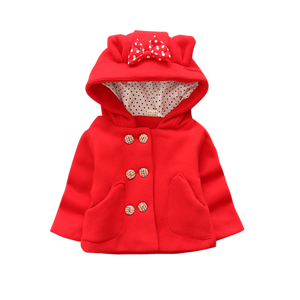 wholesale winter bow red warm baby girls button hoodie woolen thick coats kids child winter cute ear coat - Product Image 1