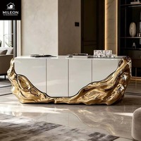 Buffet de Luxe Moderne en Or Sculpté, Meuble de Rangement Blanc Brillant pour Maison, Villa et Espace de Vie