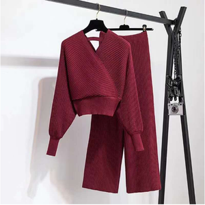 Conjunto de 2 piezas de Jersey de punto para mujer, jersey con manga farol en la parte trasera abierta, cuello en V, Color sólido, moda de otoño - Product Image 1