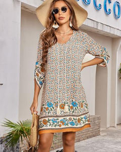 2025 été nouveau Design femmes imprimé fleuri robes mi-longues coude manches avant cravate nœud doux ample plage <span class=keywords><strong>robe</strong></span> d'été pour les vacances - Product Image 2