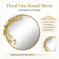 Miroir mural rond en fer doré, miroir décoratif 3D à feuilles florales, miroir mural suspendu pour entrée, salon