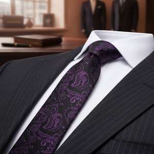 Corbata delgada de moda negra con estampado de Paisley púrpura - Product Image 3