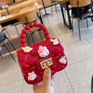 Sac à main en PVC de couleur bonbon tendance pour enfants, mini pochette à monnaie imperméable avec poignée perlée, sacs à bandoulière pour enfants en perles - Product Image 2