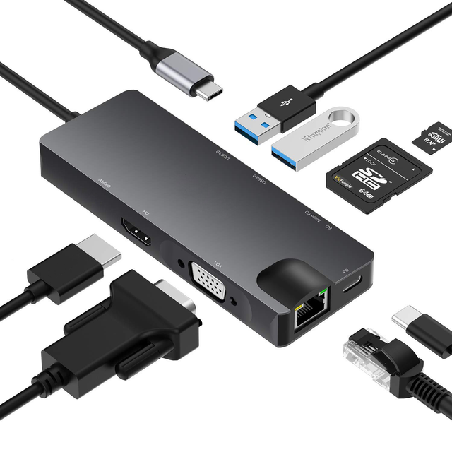 8 in 1 USB C Hub Docking Station USB 3.0 PD Fast Charge Hub Ethernet RJ45 100Mbps 4K HDTV VGA TF/SD Card Reader