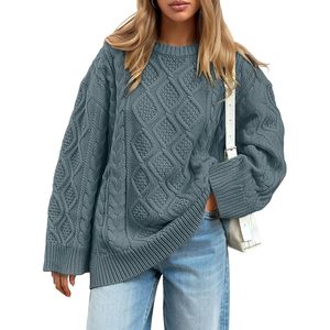 Pull en maille torsadée surdimensionné pour femme, col rond, vêtements d'hiver confortables, anti-boulochage, manches longues, style décontracté - Product Image 1