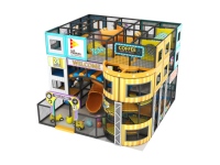 Aire de jeux intérieure sur le thème de la rue commerçante, structure de jeu souple à plusieurs niveaux, toboggan en spirale, centre de jeux commercial pour enfants