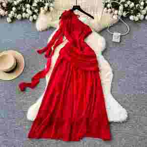 Vestido Midi Plisado Transpirable de Verano con Hombro Descubierto Asimétrico y Encaje 3D para Mujer - Product Image 2