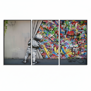 Banksy Boy Graffiti Canvas Print: Urban Art, <b>Black</b> <b>Frame</b>,SET OF 3 CANVAS - Product Image 2