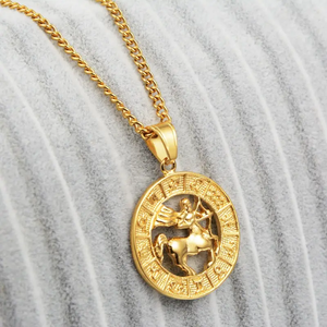 Collier vintage en acier inoxydable plaqué or, bijoux avec pendentif creux représentant les 12 signes du zodiaque - Product Image 5