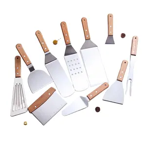 Fábrica mango de madera utensilios de cocina pala para freír espátula Placa de hierro de acero inoxidable espátula pala de Cocina Barbacoa bistec asar también