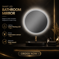 Miroir LED à défilement d'eau avec contrôle tactile anti-buée, miroir rond moderne pour salle de bain d'hôtel