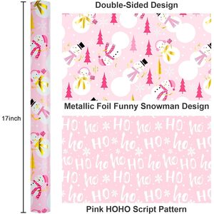 Girly <b>Pink</b> Christmas Wrapping Paper 17 In X 33 Ft Metallic Foil Snowman Design Gift <b>Wrap</b> For Holiday Party Winter - Product Image 3