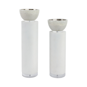 Set di portacandele moderni in vetro smerigliato con bordo in metallo per decorazioni per la casa, centrotavola, ingresso, consolle. - Product Image 1