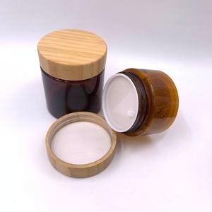 Pot cosmétique personnalisé avec logo, 250 ml, en PET transparent givré ambré, pour gommage corporel, crème au beurre de karité, crème pour le visage, avec couvercle en bambou - Product Image 2