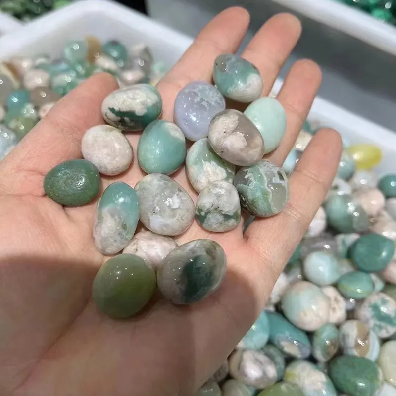 20-30mm Natural Green Flower Agate Crystal Lace Pattern Charm Quartz Tumbled Stone Polished