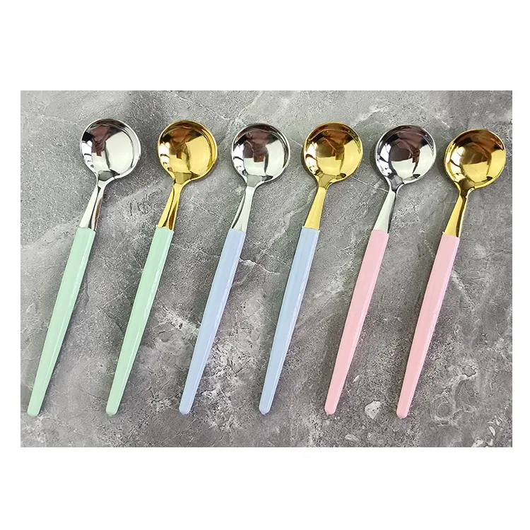 Hot sell thick colorful plastic handle stainless steel shiny tea spoon coffee/milk mixing small round scoop dessert spoon