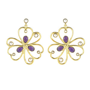 Best Selling Amethyst and Pearl Flower Gold Plated Brass <b>Earrings</b>, Multi gemstone filigree <b>earrings</b> - Product Image 1